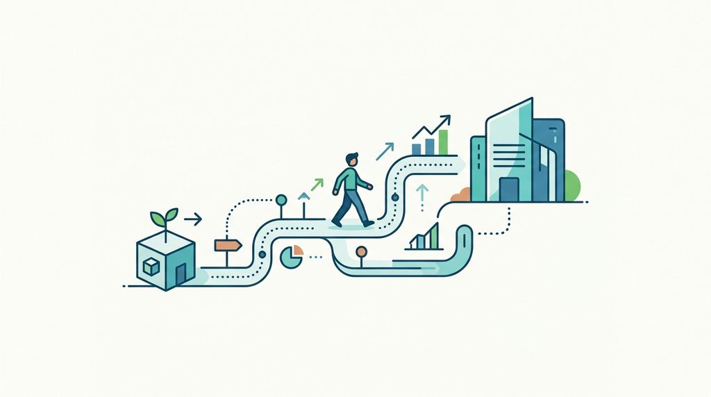 Vector illustration of a person walking along a winding path of business growth
