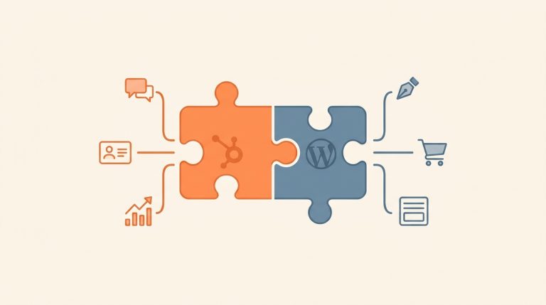 Minimalistic clip art of orange and blue puzzle pieces connecting HubSpot and WordPress with line icons