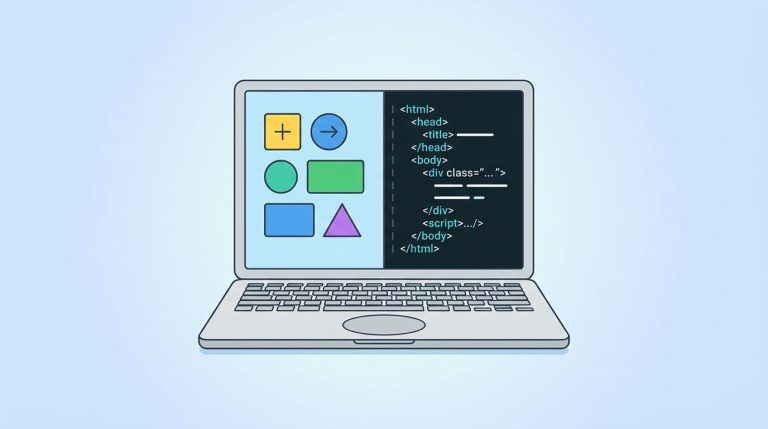 A laptop screen split between colorful building blocks and lines of code.
