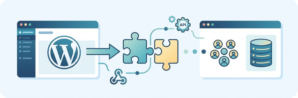 Banner depicting a CMS dashboard connecting via puzzle pieces and API icons to a CRM database