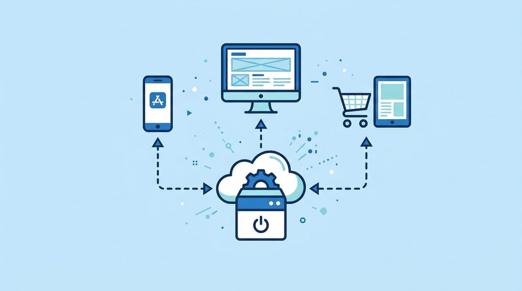 Clip art depicting how headless wordpress makes connections to different systems like marketing, online stores, mobile apps