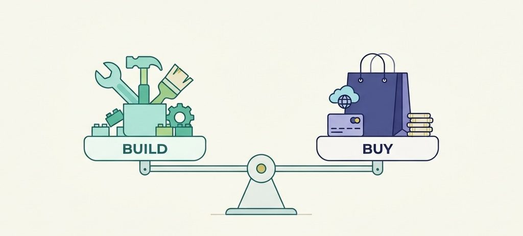 Illustration of a balance scale weighing build versus buy choices