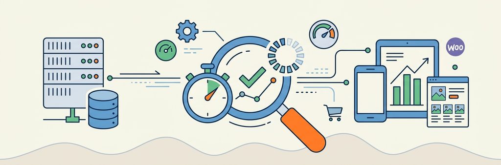 A minimalistic banner illustration showing web performance tools and server metrics