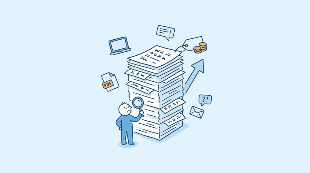 Illustration of a person examining a tall stack of documents through a magnifying glass