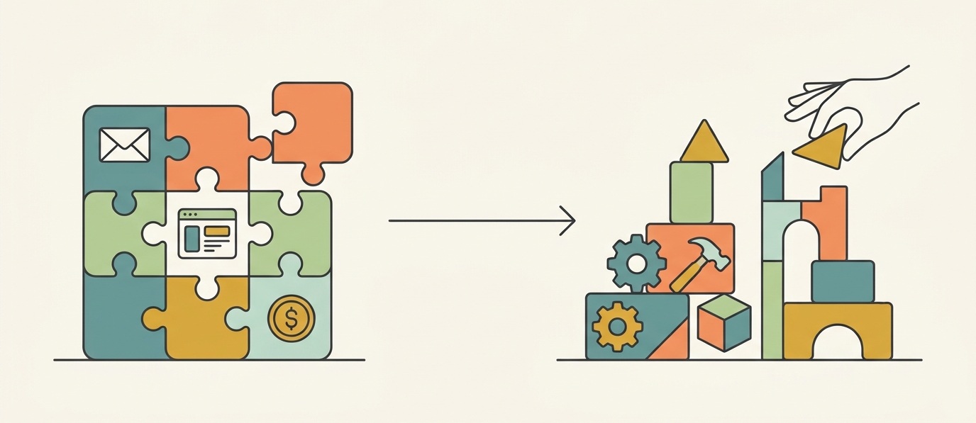 Clip art showing a puzzle transforming into building blocks
