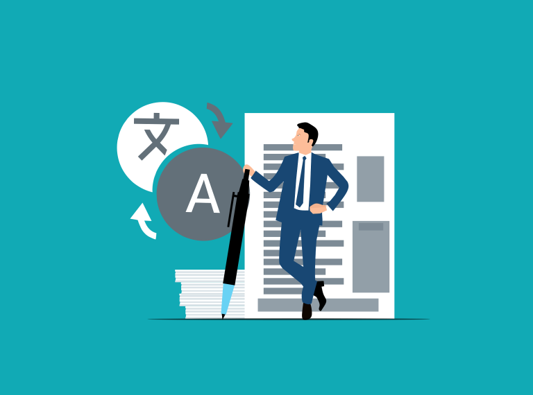 A businessman standing next to language translation symbols and a document