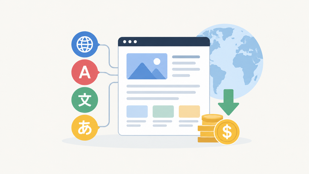 Multilingual website with language icons, a globe, and a downward arrow toward coins representing cost savings