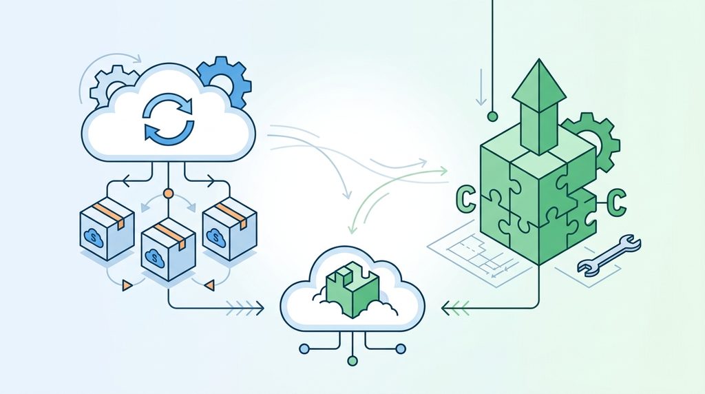 Clip art comparing SaaS, custom, and hybrid software models