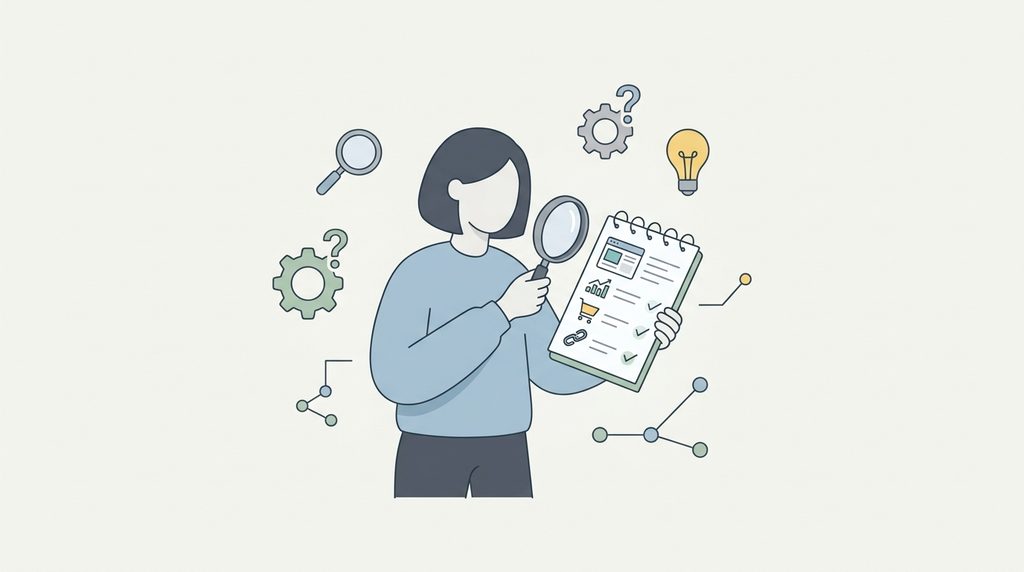 Illustration of a person inspecting a website checklist with a magnifying glass