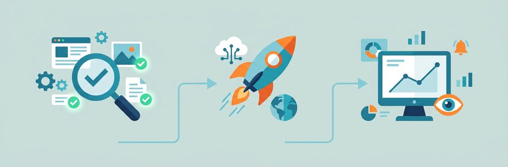 Clip art illustration of testing, launching, and monitoring a website