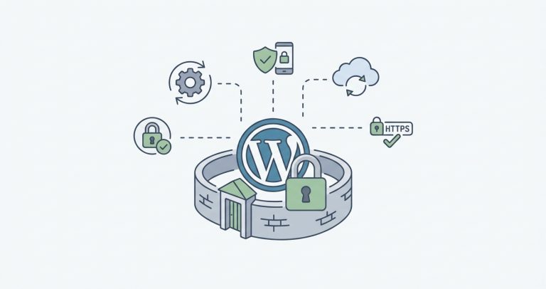 A clean clip art image showing WordPress logo under layers of security