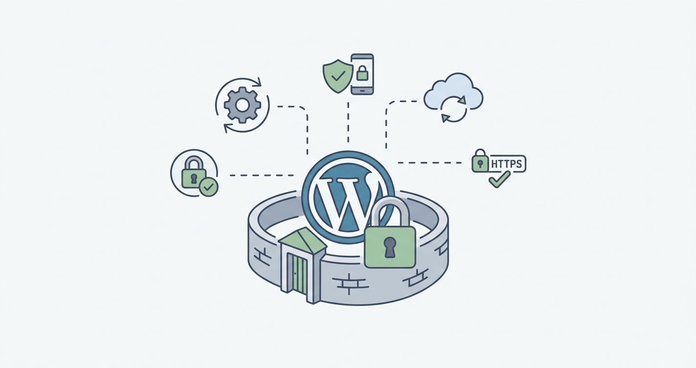 A clean clip art image showing WordPress logo under layers of security