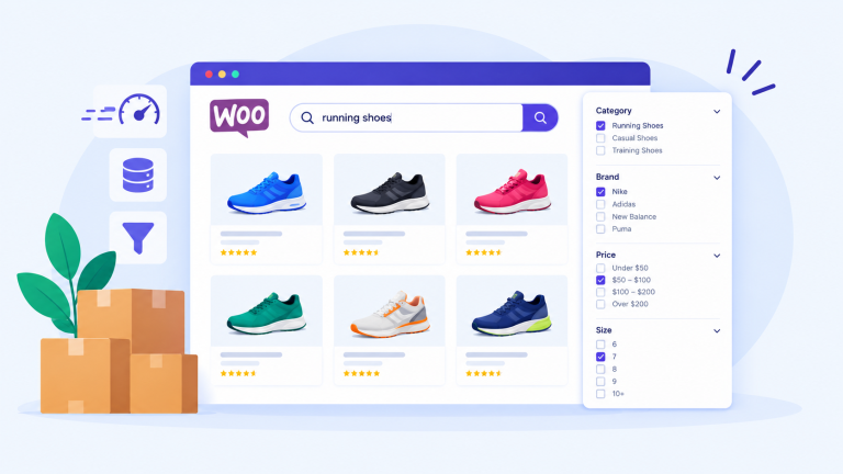 WooCommerce product search and filtering webpage with colourful product cards and speed indicators